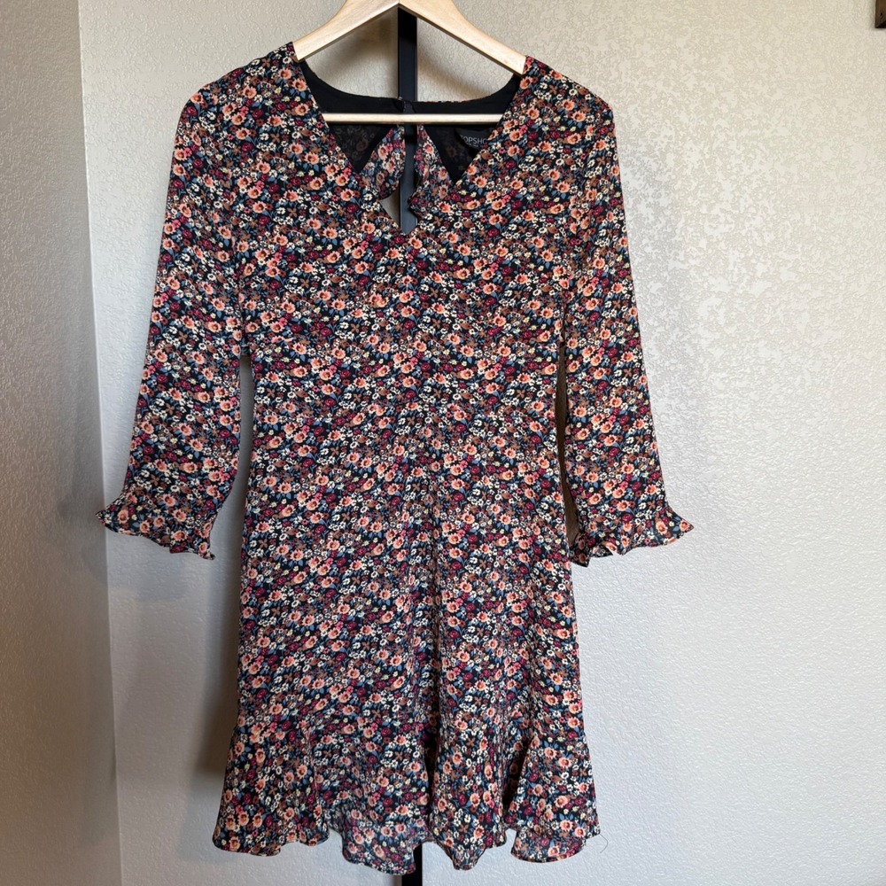 TOPSHOP Womens Ditsy Floral Long Sleeve‎ Mini Dress size 6 small
